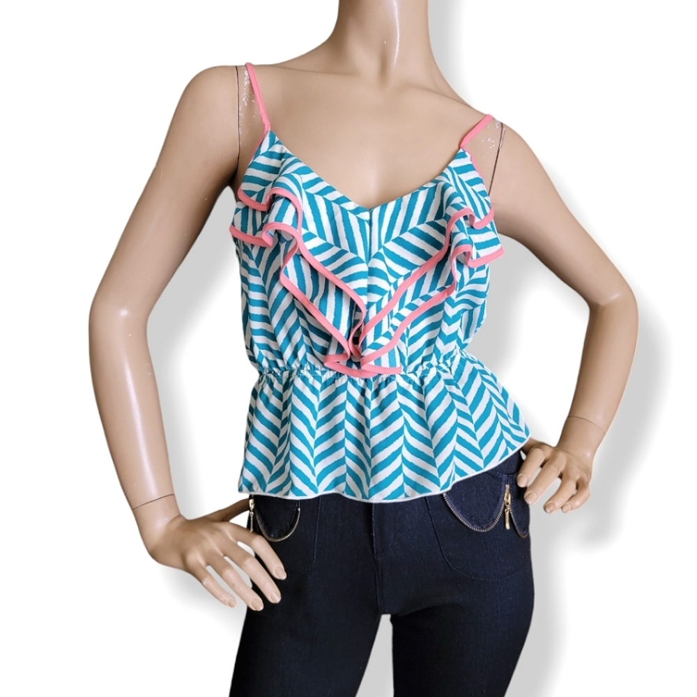 Bella D. Green & White V-Neck Geometric Striped Print Blouse